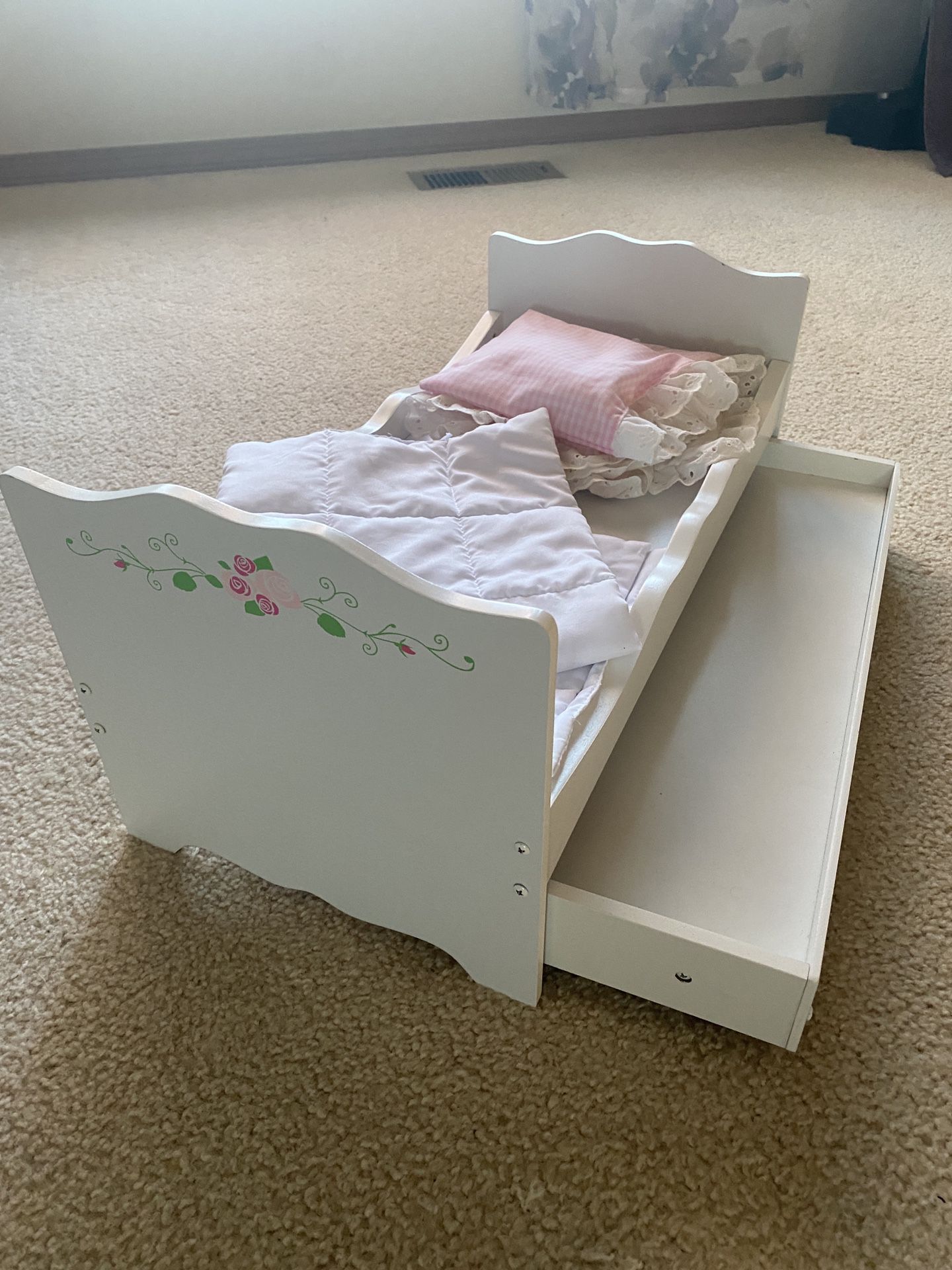 Trundle 12” baby doll bed white pink