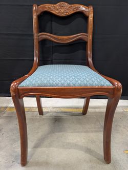 Traditional Carved Wood Dining Chair with Blue Upholstered Seat
