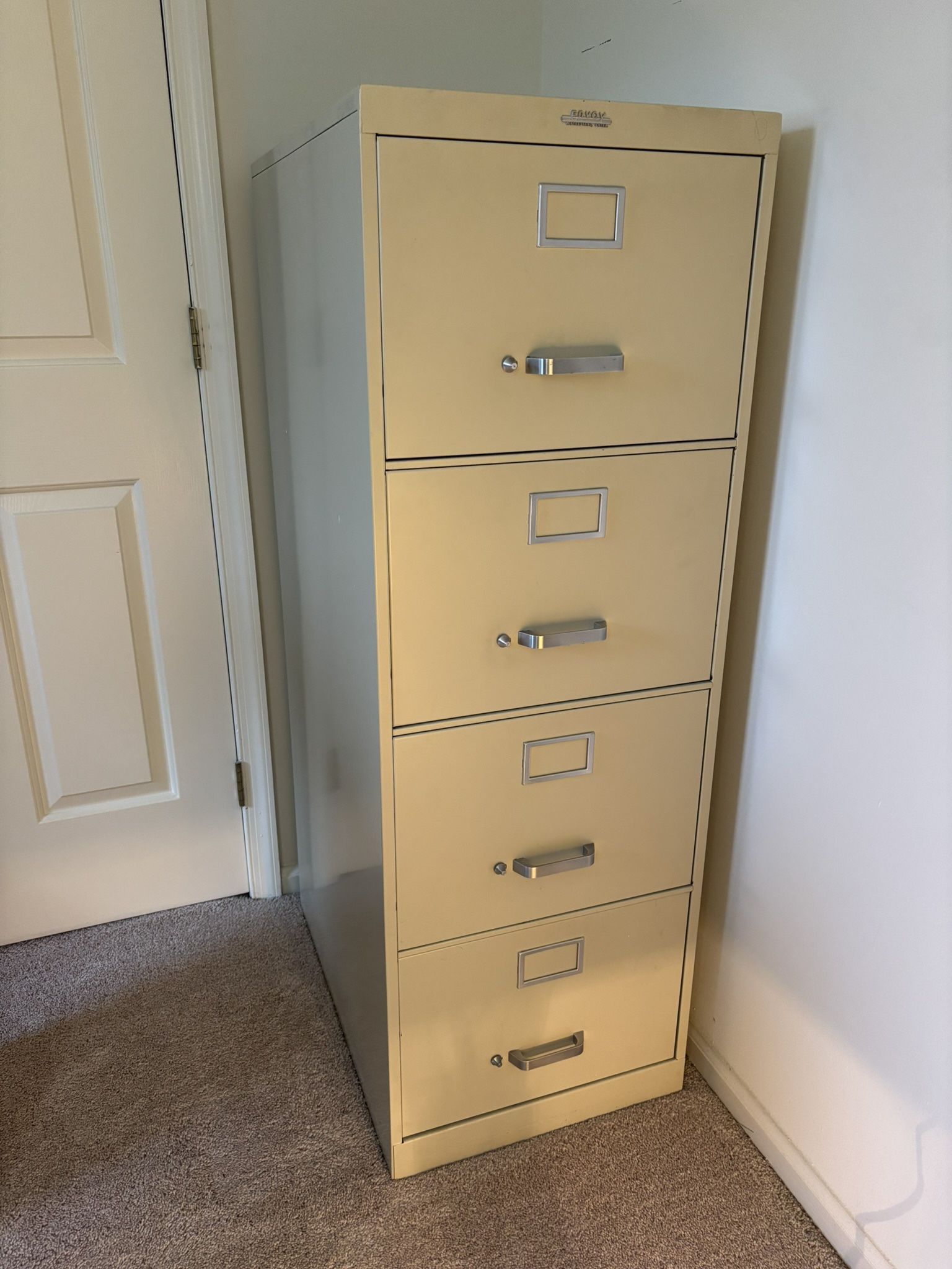 Steel Filing Cabinet 4 Drawer Legal Size Commercial Grade, excellent condition.  52”H X 18”W X 26” D.  File hanging frames in each drawer.