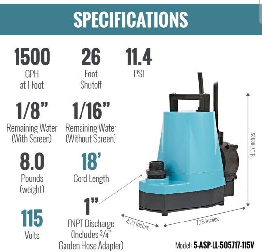Little Giant 5-ASP-LL 115-Volt, 1/6 HP, 1500 GPH Automatic Aluminum Utility Pump with Piggy-back Diaphragm Switch, 18-Ft. Cord, Blue, 505717