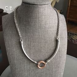 Signed Lia Sophia Silver Tone Necklace With Copper Colored Ring In Center NWT