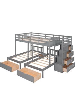 Full Over Twin & Twin Bunk Bed, Solid Wood Triple Bunk Bed with Storage Drawers and Staircase