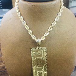 10KT Rope Chain + 10KT Hundred Dollar Double Sided Charm