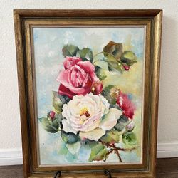 Original Floral Painting with Wooden Frame by Susan Perry Graham 17/21 Inch 