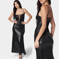 Bebe sequin mesh insert maxi formal black dress Size XXS adjustable straps 
