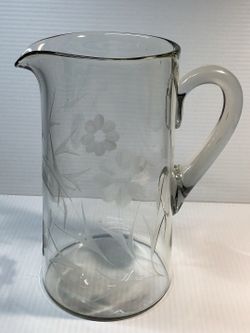 Pitcher vintage large molded etched flowers leaves