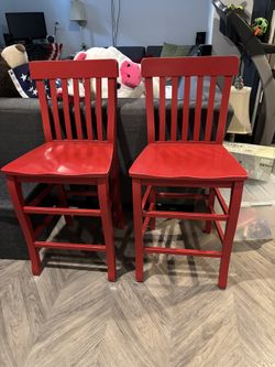 2 Wooden Red Counter Height Chairs