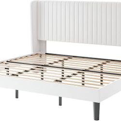 SHA CERLIN King Size Velvet Bed Frame with Shelf, Station. White