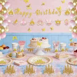 Princess Birthday Party Decorations Set – Pink & Gold – Serves 25 – Balloons, Plates, Banner & More