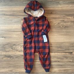 NEW 12m Carter’s Fleece Plaid Hooded Romper - $10!!