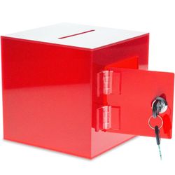 Source One Premium Acrylic Cube Donation Box with Deluxe Rear Open Door and Cam Lock Suggestion Box (8 Inch, Red)