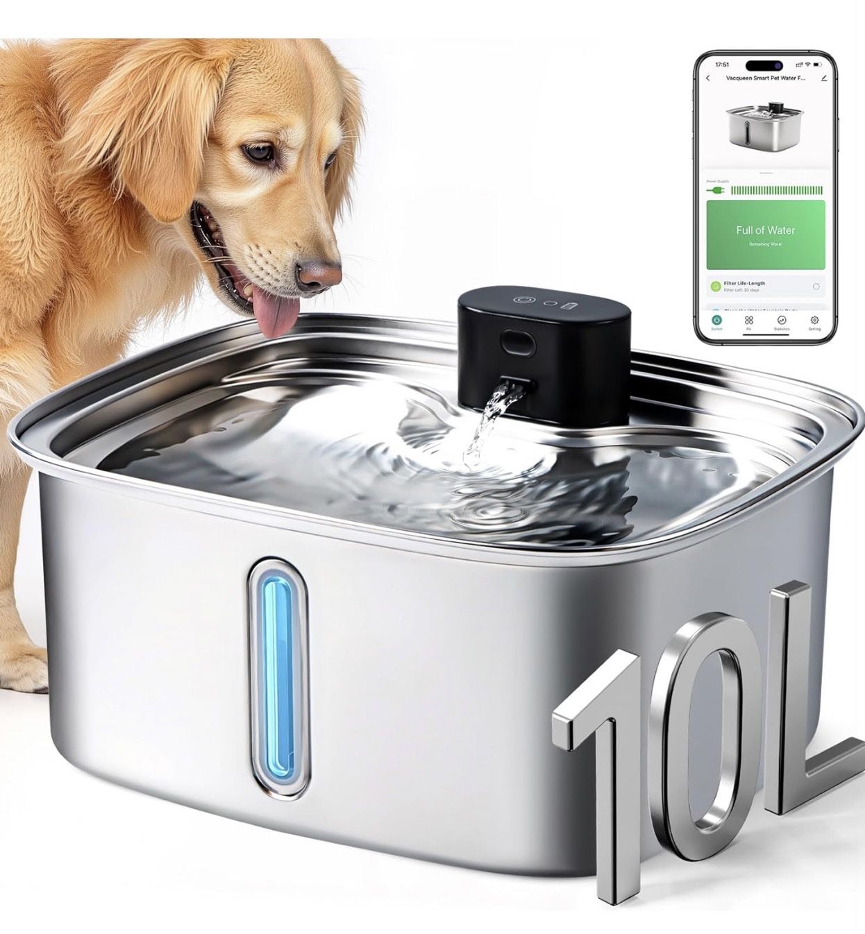 Dog Water Bowl Dispenser Large,10L Dog Water Fountains with APP Monitoring, Pet Cat Water Fountain Stainless Steel, Safe Multi-Filtered Automatic Wate