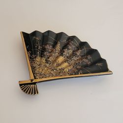 Vintage Shibata Japan Black Porcelain Fan Dish, Gold Chrysanthemum & 
Dragonfly.
Crafted in Japan during the late 20th century (circa 1970s–1980s), th