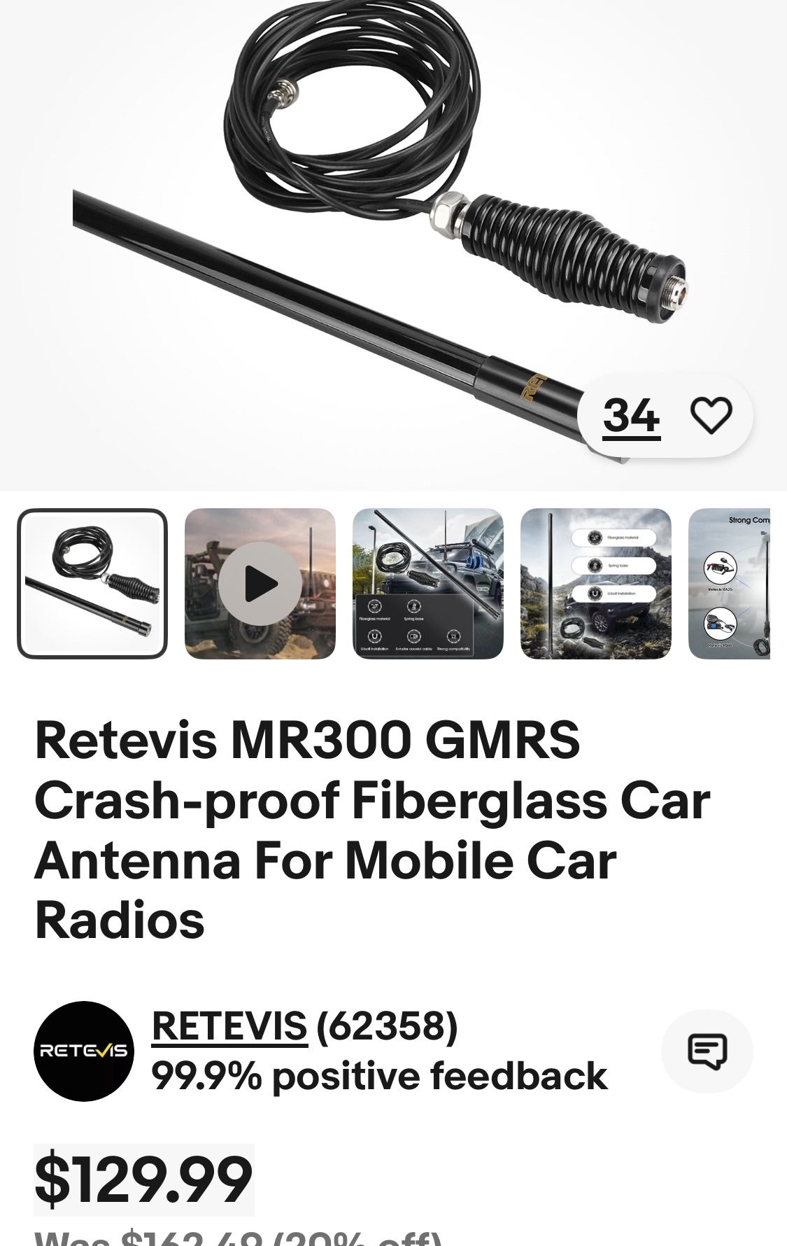 Retevis MR300 GMRS Crash-proof Fiberglass Car Antenna For Mobile Car Radios