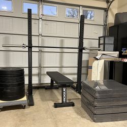 Rogue Fitness Complete Home Gym Setup 350lbs Weights Squat Stand Bench Flooring Etc.