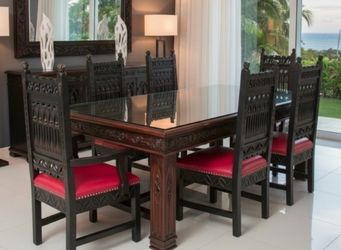 Gothic Style Carved Wood Dining Table and Chair Set