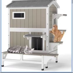 2-Story 28.7"L Cat House with 3 Doors,Indoor Outdoor Feral Cat Shelter for 2-3 Cats with Large Balcony,Jumping Platforms,Weatherproof Feral Cat Enclos