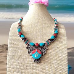 Vintage & Handcrafted Ethnic Tribal Theme Statement Necklace Inlay With Stones Set In Silver 18”in & 122 grams