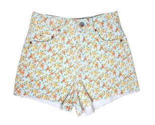 Women's Shorts ZARA Size 24 Denim Floral Fringe Hem 2.5" Inseam 5" Zipper Like New Orange Yellow Blu