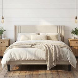 Full Bed Frame with Wingback Headboard, Upholstered Platform Bed Bed Frame with Padded Headboard,Wooden Slats, Noise-Free, No Box Spring Needed, Easy 