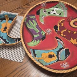 Wild West Hand Painted Stonelite Clay Art Chips & Dip Platter