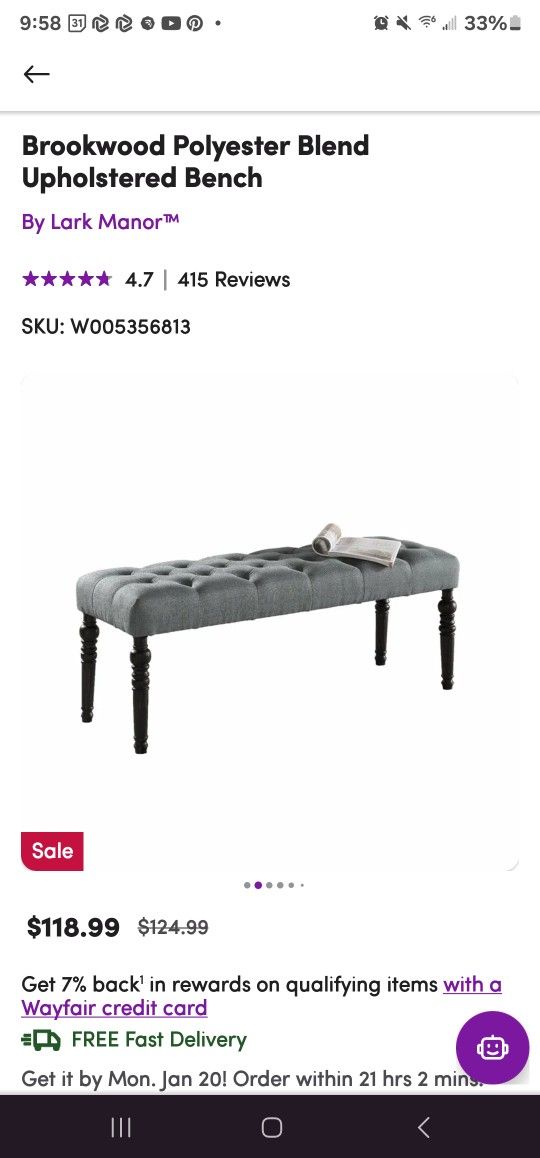Brookwood Polyester Blend Upholstered Bench