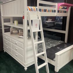 White Bunk Bed With Dresser Drawers And Self - Other Colors Available - SAME DAY DELIVERY 🚚  No Credit Needed