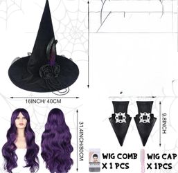 Witch Hat Black Dark Purple Long Curly Wig Nylon Striped Cap Shoes for Women