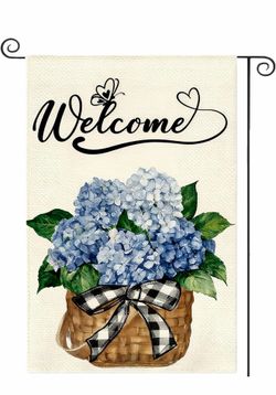 Spring Garden Flag, Welcome Hydrangea Burlap Yard Flag, Double Sided 12x18 Inch