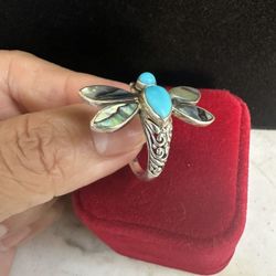 925 Sterlings Silver W/ Genuine Abalone And Turquoise Dragonfly Ring , Beautiful!! Marked 925 , Large Stunning Ring , Size 9.75