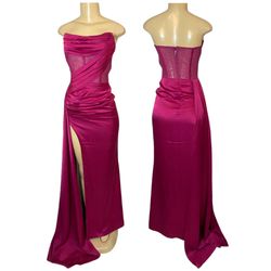 Miss Circle Holly Fuchsia Crystallized Corset High Slit Satin Gown Size XS