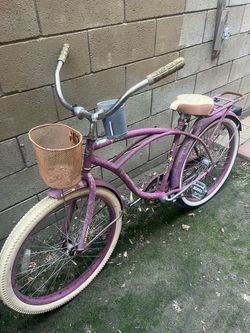 Purple Beach Cruiser Bicycle with Basket