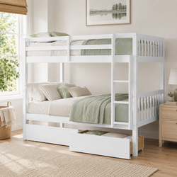Orla Full over Full Rubberwood Frame Bunk Bed with 2 Rolling Drawers, Converts to 2 Beds
