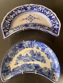 Blue and White Ceramic Crescent Dishes – Set of 2. Made in Italy.
