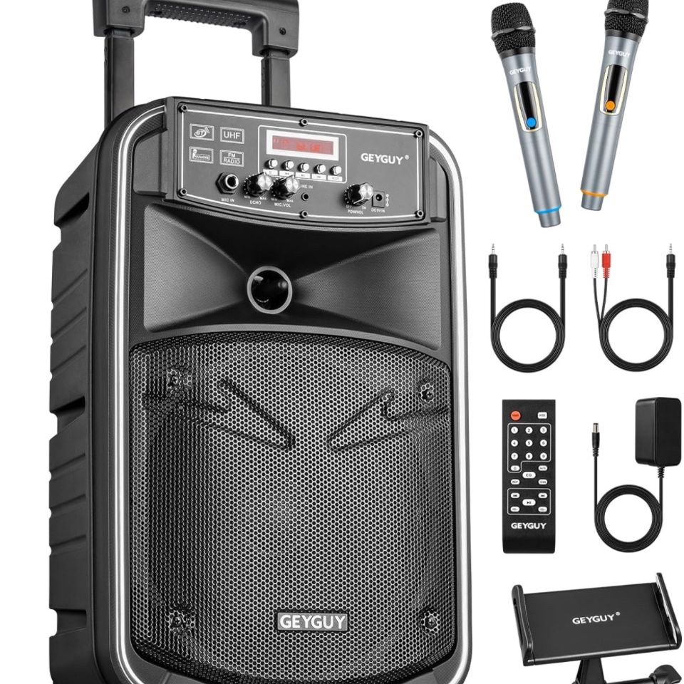 GTSK8-2 Portable Bluetooth PA System with Wireless Microphones, Rechargeable Karaoke Machine, 8 inch Subwoofer,TWS/FM/LINE in