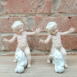 Vintage Schaubach Kunst Porcelain Putti Boy/Cat Figurines 