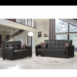 New 2 Piece Leather Sofa Love Seat Coverts To Bed On Sale $739 We Deliver!