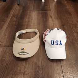 2 Hats- tan Bandon Dunes golf visor 100% cotton & David & Young USA plaid trucker hat, good condition