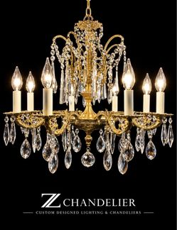 Large heavy brass vintage crystal chandelier