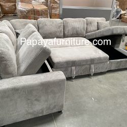 New! 120” Gray Corduroy Large Sectional Sofa Couch, Sectional, Sofa, Couch, Plush Sofa Bed, Sleeper Sofa, Sofabed, Pull-out Sofa Bed Couch,Large Couch