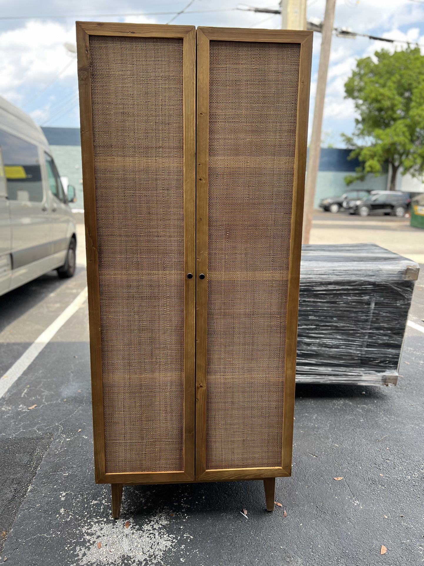 🔥 Sale SOLID WOOD Pine & Rattan Wardrobe Cabinet with Shelves ( Original Price $2950 )