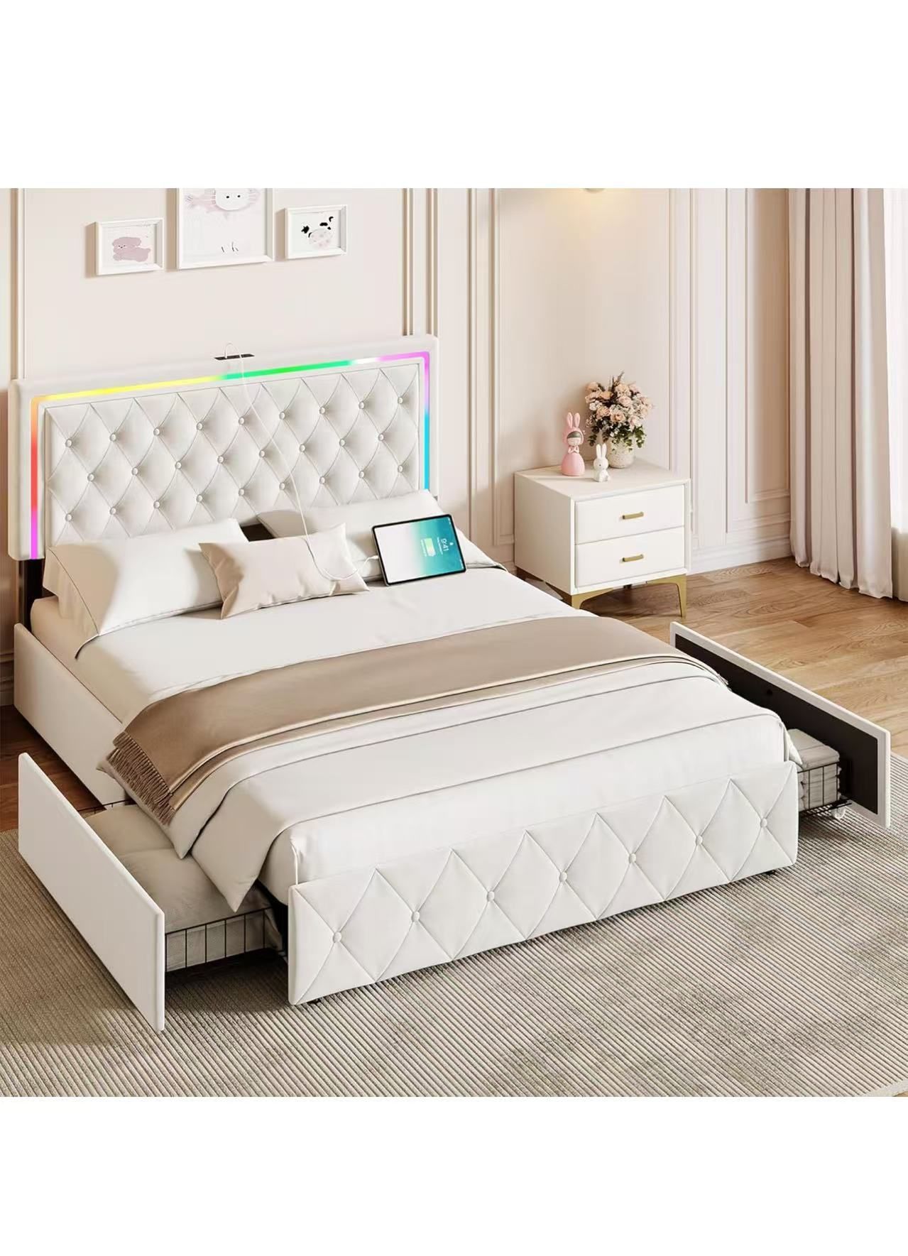 Queen Bed Frame with Storage and 4 Drawers on Wheels