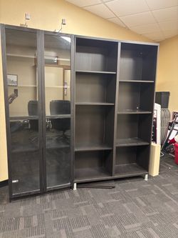 Dark Brown Bookcase and Glass Door Cabinet Set
