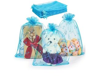 New 100Pcs Oh Baby Shower Organza Bags with Drawstring, Bottle Pacifier Nursery Organza Candy Bags, 4x6 Inch Organza Bags Baby Shower Party Favor Jewe