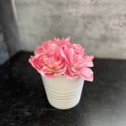 White Vase With Pink Faux Flowers 