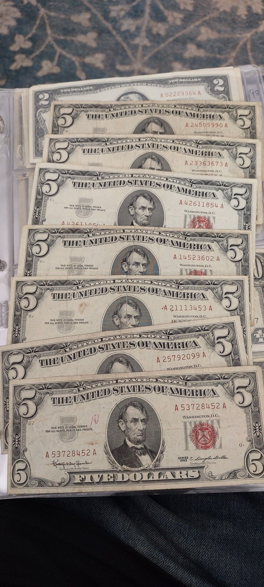 7,  1963 Five Dollars $5 Bills Red Seal..Billetes Antiguos 