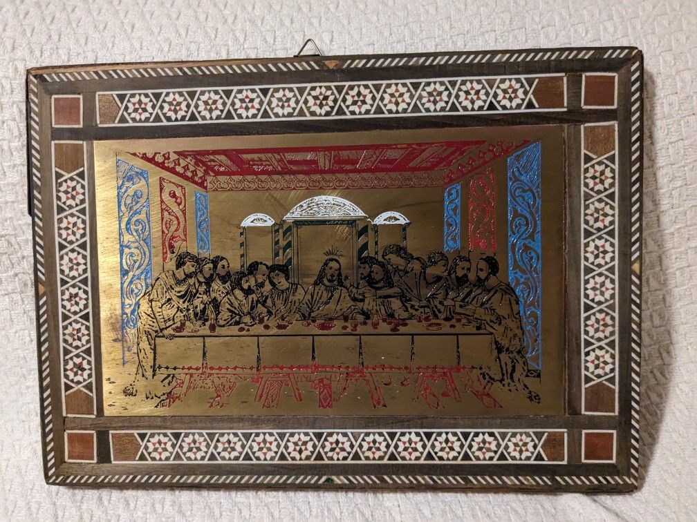 LAST SUPPER inlay Wood & Copper Painting Vintage