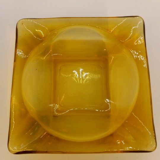 Vintage Amber Glass Cigar Ashtray Square Mid Century Modern Heavy .64LB 4.5In