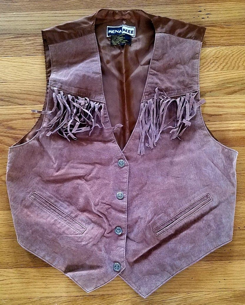 Womens Medium Brown, Leather Shell Fringed Cowboy / Girl Vest  - Halloween ?