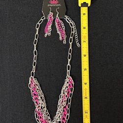 Hot Pink and Silver Multi Chain Necklace & Earring Set
